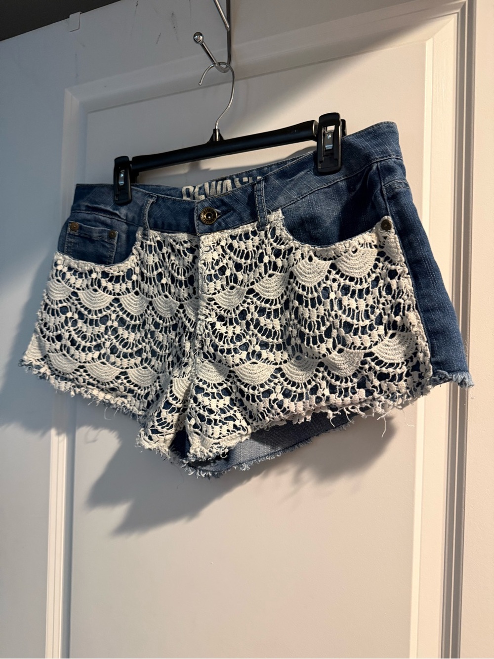 Rewash Blue Denim Shorts with White Crochet Overlay